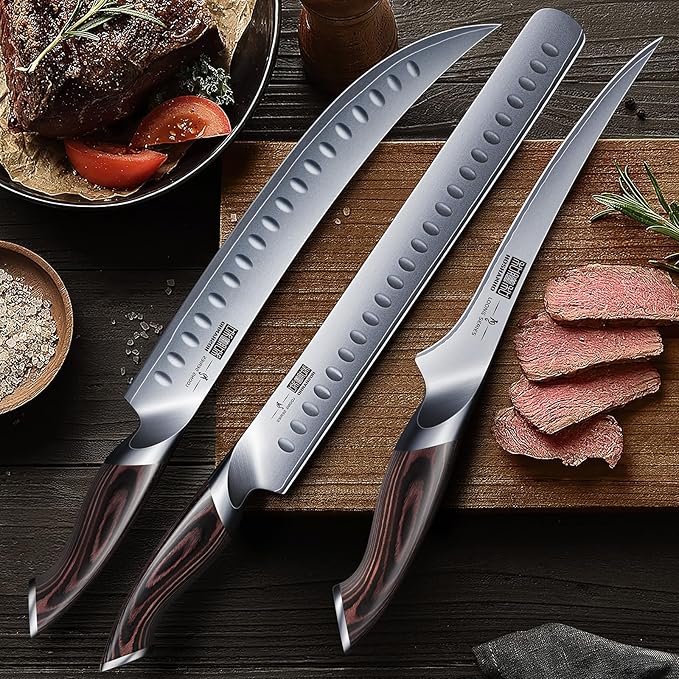 Carving Knife Set 3PCS, Japanese High Carbon Steel Brisket Slicing Knife Sets with Ergonomic Pakkawood Handle, Butcher Knife Breaking Knife Boning Knife for Meat Cutting