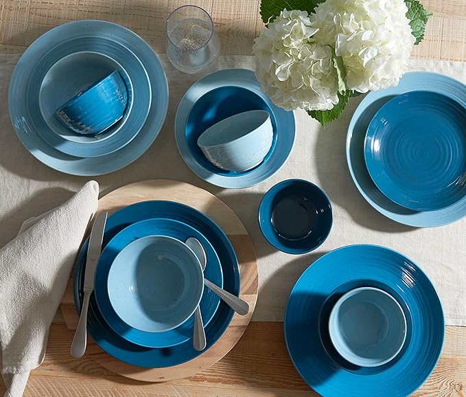 Sango Siterra Artist's Blend 16-Piece Stoneware Dinnerware Set – Service for 4, Ocean Blue Glossy Glaze with Unique Speckled Design, for Everyday Dining & Entertainment, Microwave & Dishwasher Safe