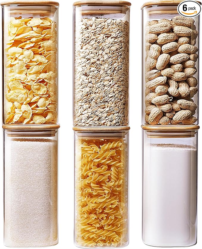 Square Glass Jars with Bamboo Lids 30 FL OZ [Set of 6], Glass Canisters with Airtight Lid, Glass Food Storage Container for Pasta, Flour, Sugar, Rice, Best for Kitchen & Pantry