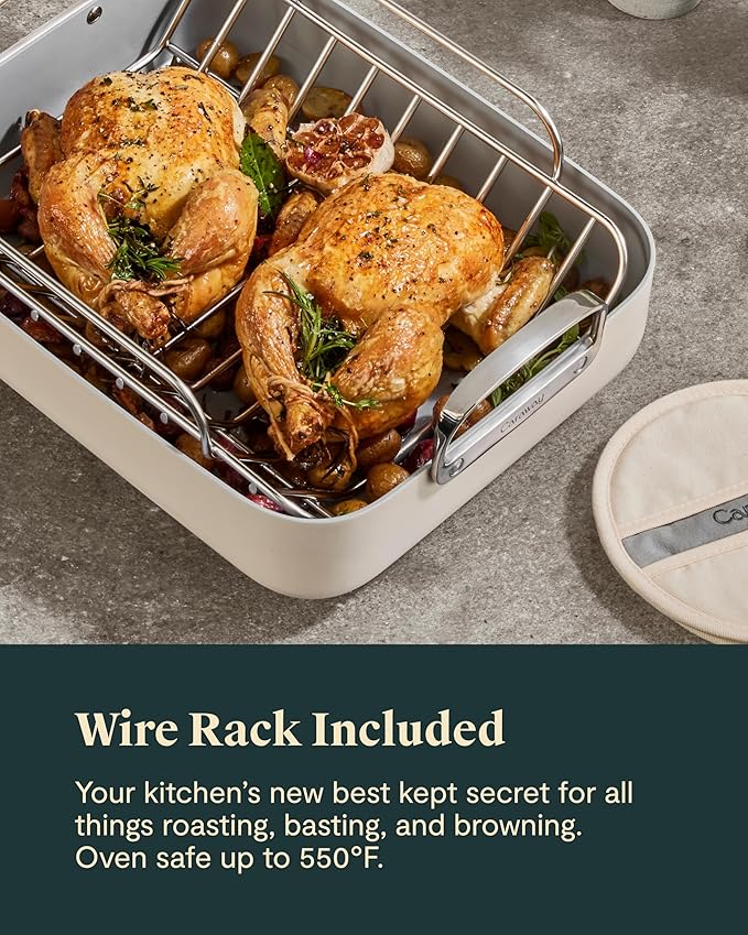 Caraway Roasting Pan - 16x13” Roasting Pan with Rack - Non-Stick Ceramic Coated - Non Toxic, PTFE & PFOA Free - Oven Safe & Compatible with All Stovetops - Perracotta
