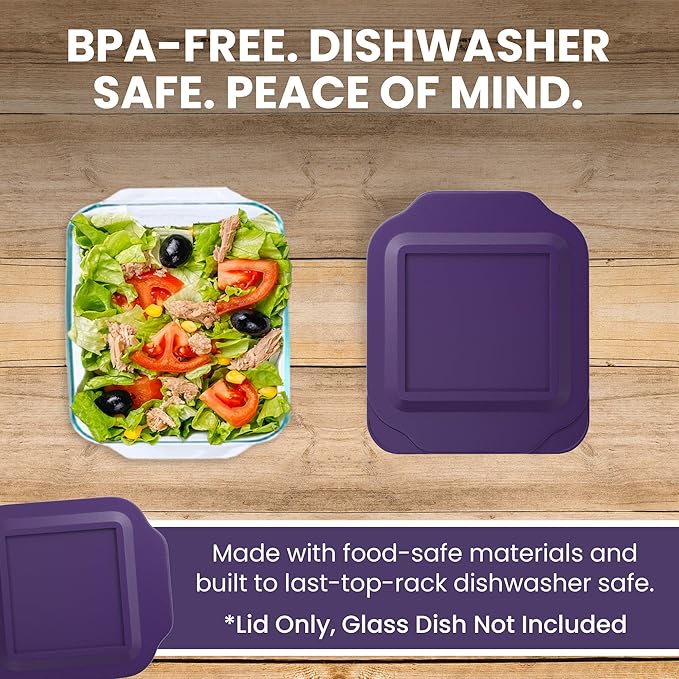 Replacement Lid for Pyrex 2-Quart 8" x 8" Glass Baking Dish #222, Compatible with Lid #222-PC, Food Storage Container Cover with Flush Tab Handles (Purple)