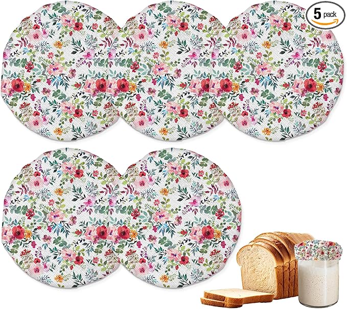 Sourdough Starter Jar Covers,5-Pack Reusable Watercolor Floral Flowers Cloth Lids for 3-4 Inch Jars,Ideal for Kombucha Kefir or Cheese Fermentation