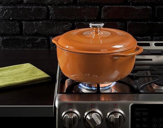 Lodge 6 Quart Enameled Cast Iron Dutch Oven with Lid – Dual Handles – Oven Safe up to 500° F or on Stovetop - Use to Marinate, Cook, Bake, Refrigerate and Serve – Pumpkin