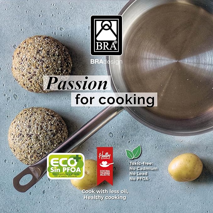 BRA COOKWARE Profesional Frying Pan | 8 inches Professional Skillet | Stainless Steel Pan w/o Non-Stick Coating | All Stovetop Compatible - Full Induction Skillet | 100% FOA Free | Brushed Finish