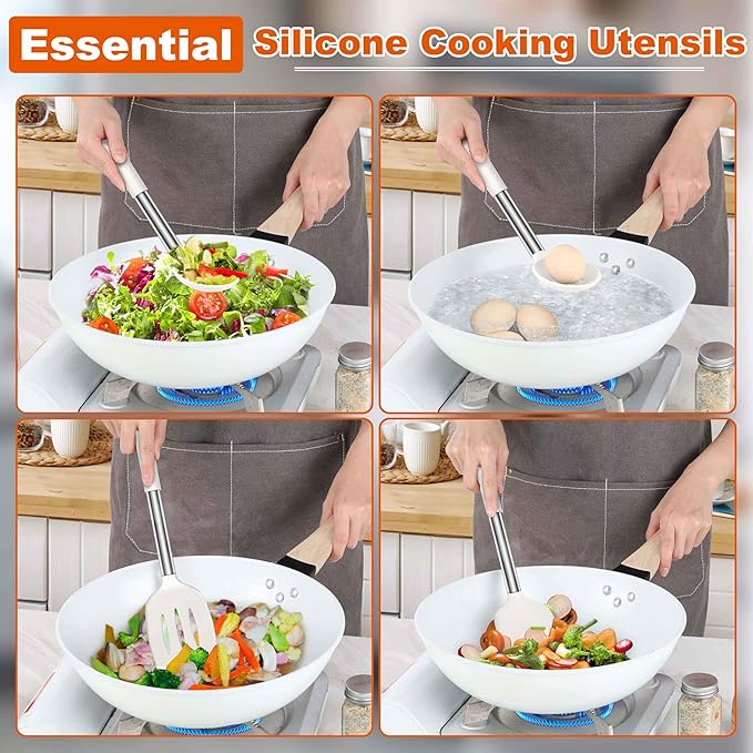 LIANYU Silicone Spatula and Cooking Spoon, 4 Pack Kitchen Cooking Utensils Set for Non-stick Cookware, Heat Resistant Solid & Slotted Spoons and Spatulas, Stainless Steel Handle, White