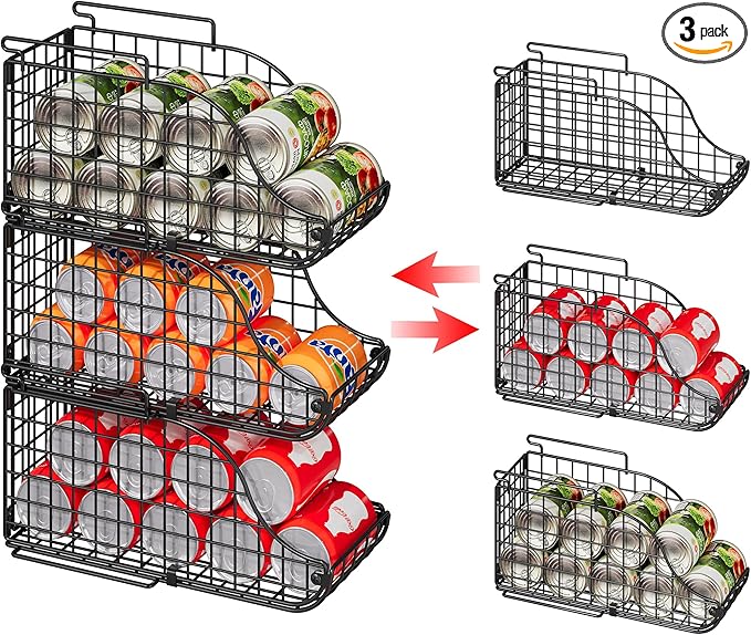 Standing Can Dispenser Bin 3-Pack, Stackable Beverage Drink Pop Soda Can Storage Organizer Basket with Handles, Foldable Canned Food Holder for Kitchen Pantry Countertop Cabinet Patent Pending