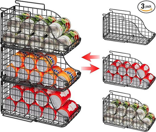 Standing Can Dispenser Bin 3-Pack, Stackable Beverage Drink Pop Soda Can Storage Organizer Basket with Handles, Foldable Canned Food Holder for Kitchen Pantry Countertop Cabinet Patent Pending