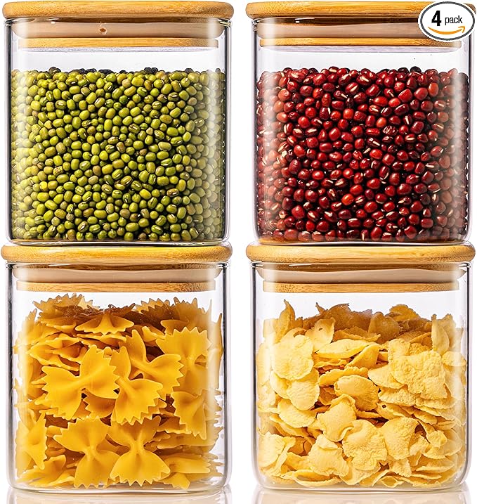27oz - 4 Pack Square Glass Jars with Bamboo Lids, Glass Food Storage Containers with Airtight Lids for Kitchen, Air Tight Pantry Storage Containers for Cereal, Pasta, Rice, Sugar, Coffee, Spice