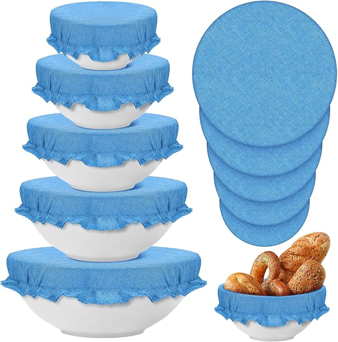 Patelai 10 Pcs Bowl Covers Reusable in 5 Size Stretch Cloth Fabric Elastic Food Storage Bowl Covers Bread Sourdough Lids for Proofing Food Fruits Leftover(Blue Style)