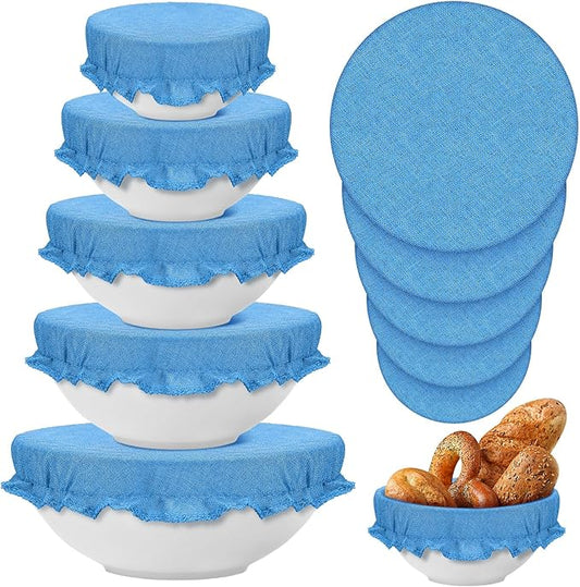 Patelai 10 Pcs Bowl Covers Reusable in 5 Size Stretch Cloth Fabric Elastic Food Storage Bowl Covers Bread Sourdough Lids for Proofing Food Fruits Leftover(Blue Style)