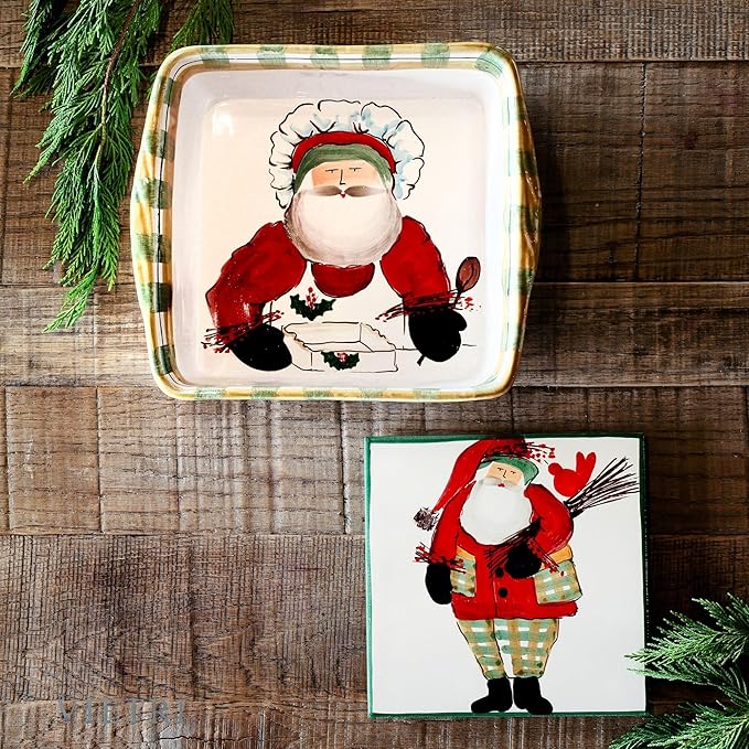 Vietri Old St. Nick Square Baker w/Chef, Christmas Oven Baking Dish, Earthenware Bake & Serve Pan