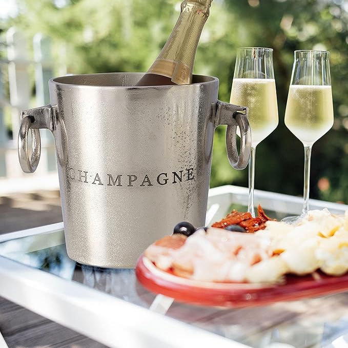 WHW Whole House Worlds Luxury Champagne Ice Bucket, Thick Gauge Walls, Handles, 7 Diameter, Handmade, Aluminum Nickel, Highly Polished, Silver Craft Finish