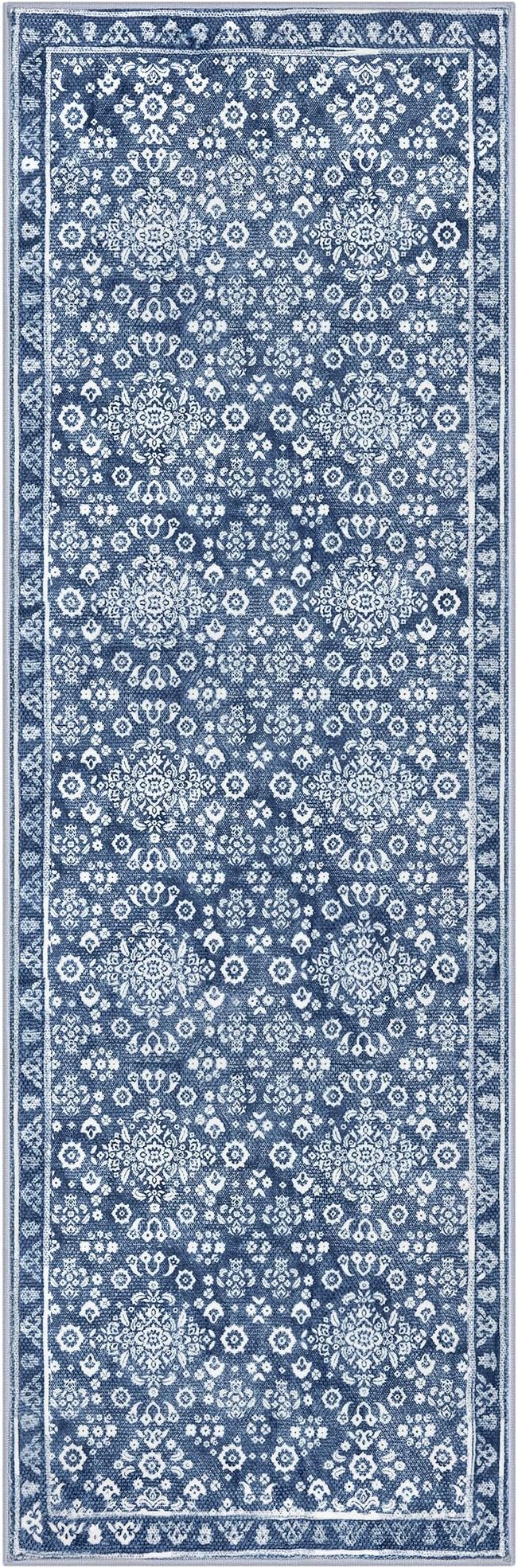 Vintage 2.6x8 Hallway Runner, Dusty Blue White Washable Non-Slip Hallway Carpet, Super Soft Kitchen Runner Rug, Print Faux Wool Floral Thin Carpet for Indoor & Bedside