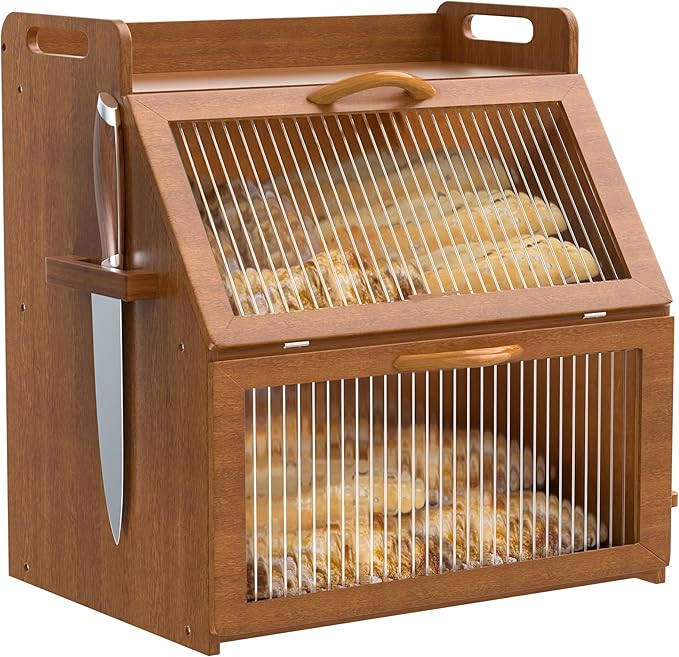 Bread Box for Kitchen Countertop, Large Bread Storage Container for Homemade Bread, Vintage Wooden Farmhouse Breadbox Organizers, Double Layer Bread Bin with Acrylic Window Bread Holder