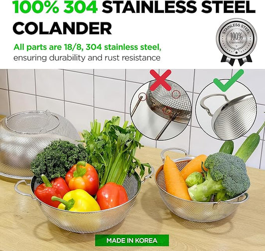 Premium 18/8 304 Stainless Steel Strainer Set of 3 with Handles, Micro-Perforated Colanders, 4-6-8 Quart Set, Self-Draining Solid Base for Pasta, Fruits, Vegetables, Made in Korea