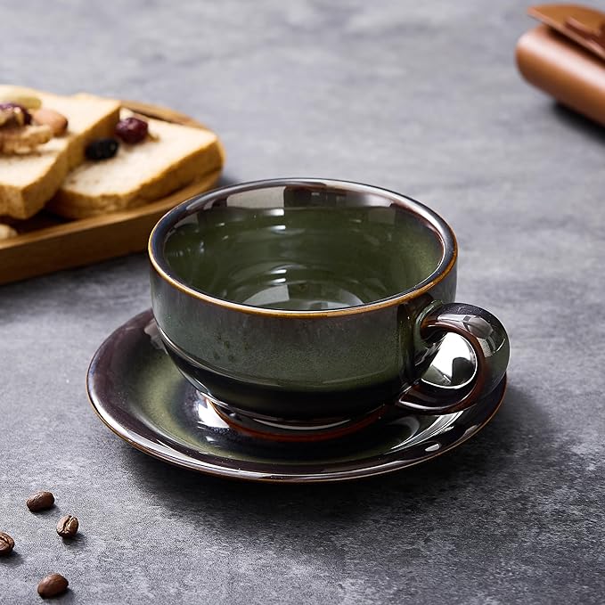 Vintage Design 12 oz Ceramic Latte Art Cappuccino Barista Cup with Saucer (Sea Grey)