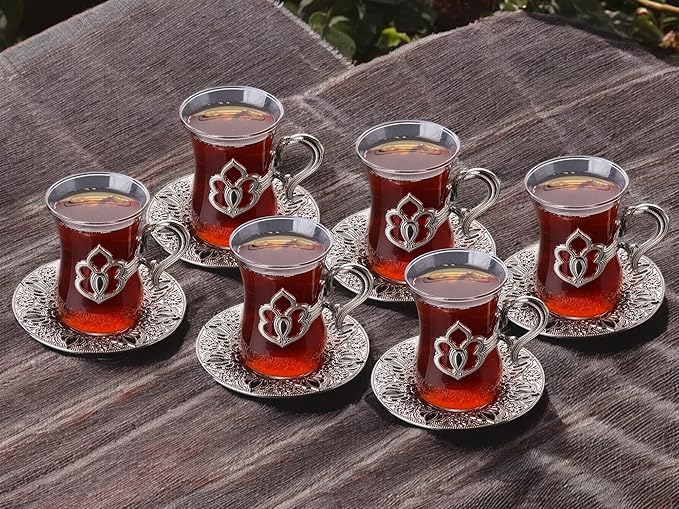 Alisveristime (SET OF 6) Turkish Tea Set with Zamac Holders, Glass Cups, and Saucers, 100ml Capacity, Elegant Serving Set in Gold and Silver (Harman) (Silver)