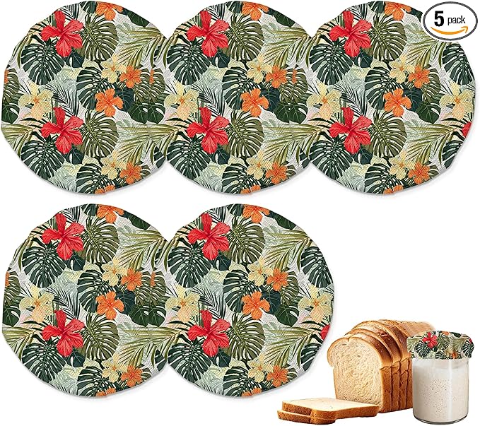 Sourdough Starter Jar Covers,5-Pack Reusable Tropical Plants and Hibiscus Flowers Cloth Lids for 3-4 Inch Jars,Ideal for Kombucha Kefir or Cheese Fermentation