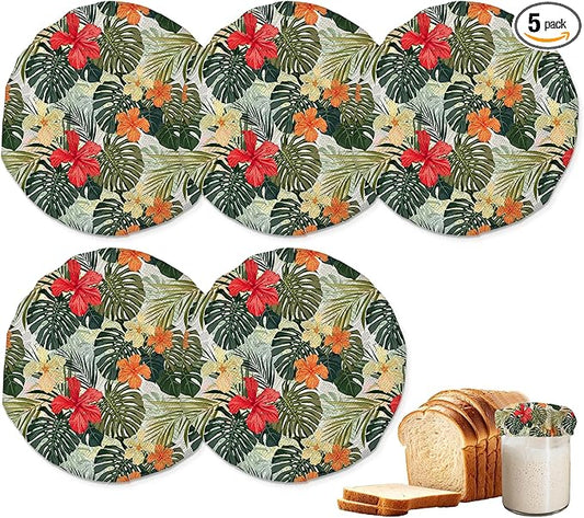 Sourdough Starter Jar Covers,5-Pack Reusable Tropical Plants and Hibiscus Flowers Cloth Lids for 3-4 Inch Jars,Ideal for Kombucha Kefir or Cheese Fermentation