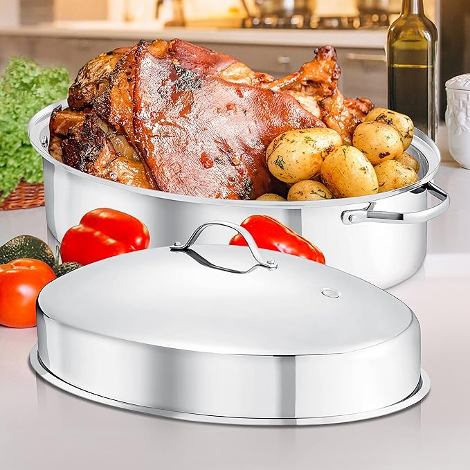 NutriChef 20" Oval Roasting Pan with Rack and Lid - Premium Stainless Steel Roaster Dish w/ Wide Handles & Removable Rack, Multi-Use Cookware for Turkey, Chicken, Stews, & More - Dishwasher Safe