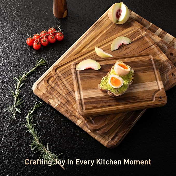 4 Pack Teak Wood Cutting Board Set for Kitchen Heavy Duty Non Toxic Non Slip Solid Thick Wood Haus Chopping Board Extra Large Big Small Meat Best Essential House Warming Hostess Host Gift