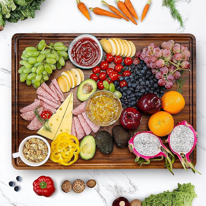 AZRHOM XL Large Walnut Wood Cutting Board for Kitchen 20x15 (Gift Box) with Juice Groove Handles Non-slip Mats Thick Reversible Butcher Block Chopping Board