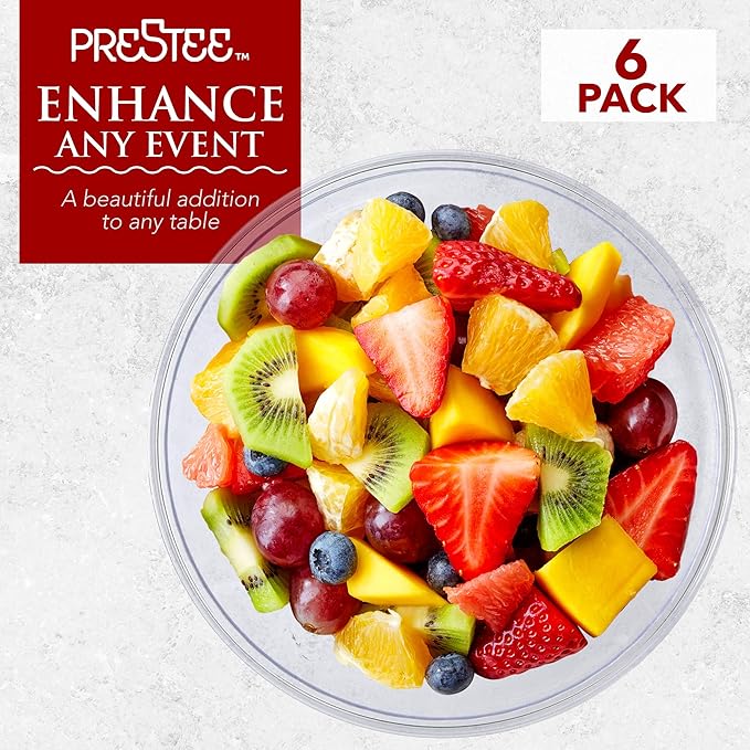 Prestee Clear Plastic Serving Bowls, 96 Oz. 6 Pack - Round Disposable Large Plastic Bowl, Punch, Party, Chip Bowl Containers for Candy, Salads, Parties, and Serving Food - Salad Bowls Dish for Eating
