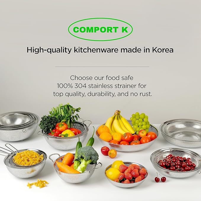Premium 18/8 304 Stainless Steel Strainer Set of 3 with Handles, Micro-Perforated Colanders, 4-6-8 Quart Set, Self-Draining Solid Base for Pasta, Fruits, Vegetables, Made in Korea