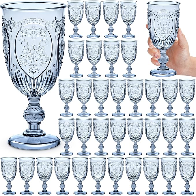 36 Pack Plastic Goblets 10oz Upgrade Vintage Water Goblet Plastic Wine Glasses Colored Retro Embossed Glassware for Party Wine Bar Juice Baby Shower Wedding Reception Grand (Blue)