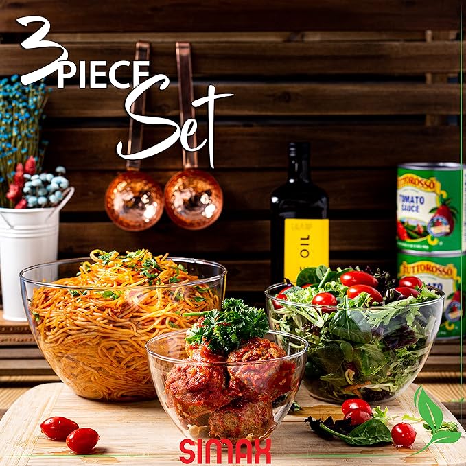 Simax Glass Serving Bowl Set: Borosilicate Glass Oven Safe Bowls - Clear Glass Bowls For Kitchen - Blown Glass Nesting Bowls - Kitchen Mixing Bowls -Glass Salad Bowls Set of 3 (3.2 C, 6.4 C,10.8 Cup)