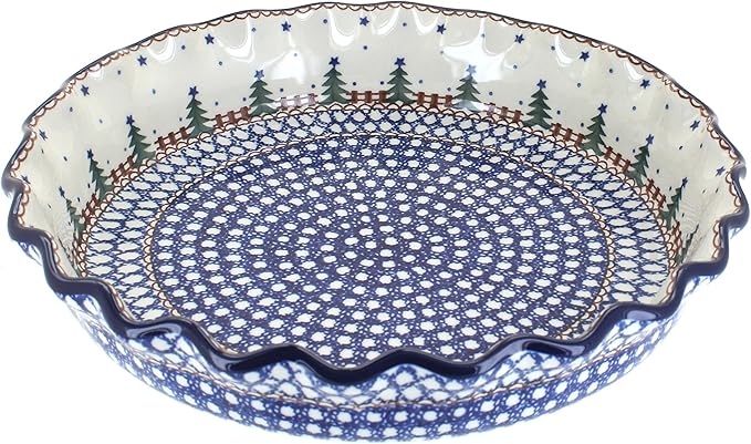 Blue Rose Polish Pottery - Blue Rustic Pines Pie Plate - 10" Diameter - Ceramic Baking Dish, For Pies, Quiches & Desserts