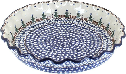 Blue Rose Polish Pottery - Blue Rustic Pines Pie Plate - 10" Diameter - Ceramic Baking Dish, For Pies, Quiches & Desserts