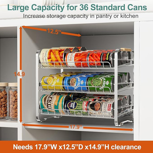 MAXIFFE 3 Tier Can Organizer for Pantry, Space-Saving Adjustable Easy Assembly Metal Sturdy Hold 36 Cans Storage Rack Holder Dispenser for Kitchen Countertop Cabinet RV, for Soda Drinks Fruits, Chrome