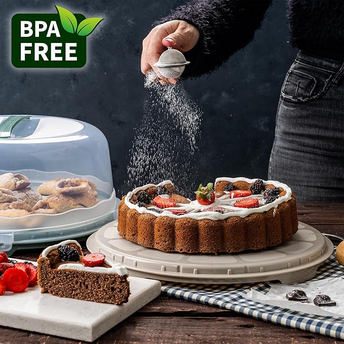 13 Inch Cake Carrier with Locking Lid and Handle, Stylish Big Round Container for Kitchen Storage, BPA Free Stand, Plastic Holder for Transporting, Donuts, Cupcakes, Pies (2 Colors Set, 13 in)