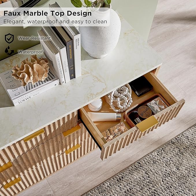 T4TREAM Fluted 7 Drawers Dresser, 54" Wide Modern Chest of Drawers with Faux Marble Top, Curved Profile Design, Dresser TV Stand, Wood Drawer Organizer for Bedroom, Living Room, Hallway, Natural Oak