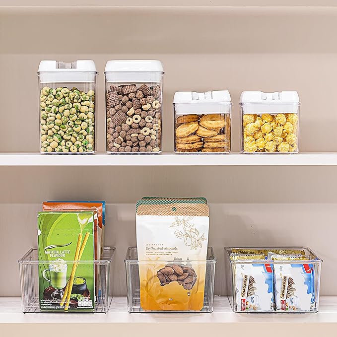 Vtopmart 2 Pack Food Storage Organizer Bins, Clear Plastic Bins for Pantry, Kitchen, Fridge, Cabinet Organization and Storage, 4 Compartment Holder Packets, Snacks, Pouches, Spice Packets