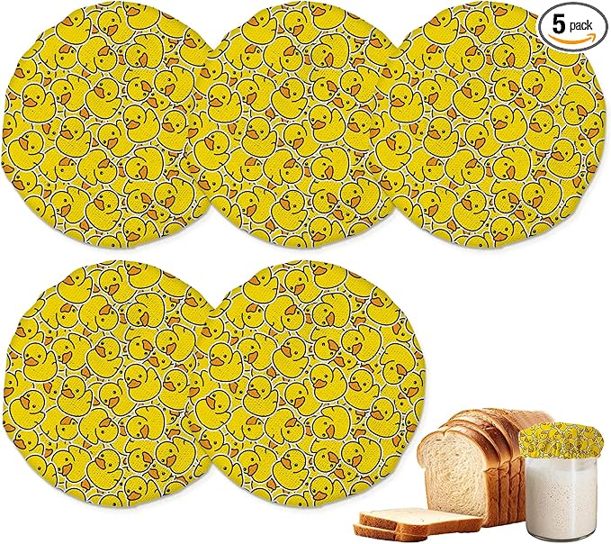 Cute Yellow Ducks Sourdough Starter Jar Covers Reusable,Breathable Fabric Lids for Mason Jars,Wide Mouth and Regular Mouth(5 Pack)