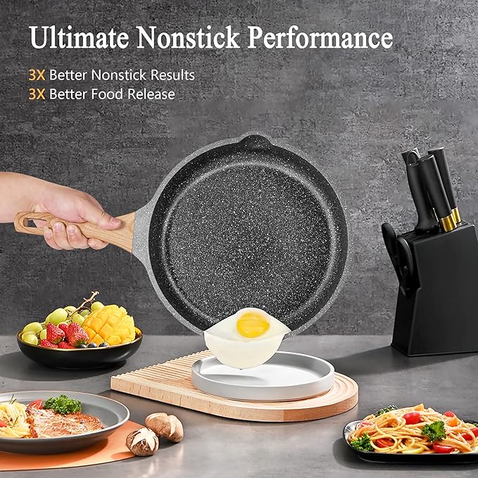 Non Stick Frying Pan Set - YIIFEEO Granite Skillet Set with 100% PFOA & PTFE Free, Induction Egg Omelette Pans for Cooking Pan Set, Cookware Set Nonstick Pots and Pans Set Gift for Women