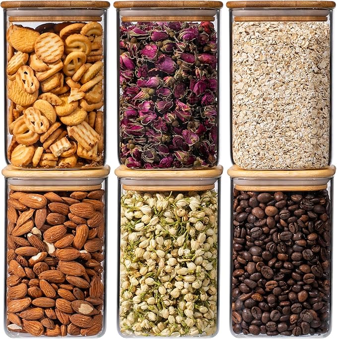 37oz 6PCS Glass Storage Containers with Lids, Glass Jars with Lids Pantry Food Storage Jars, Square Canister For Cookie, Nuts, Snack, Cereal, Candy, LeafTea, Coffee, Spice