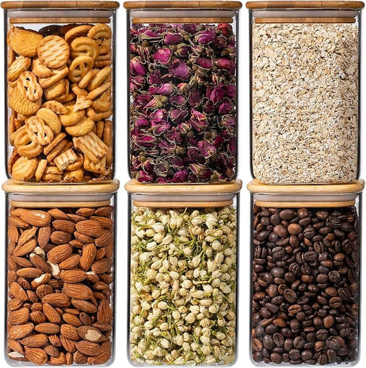 37oz 6PCS Glass Storage Containers with Lids, Glass Jars with Lids Pantry Food Storage Jars, Square Canister For Cookie, Nuts, Snack, Cereal, Candy, LeafTea, Coffee, Spice