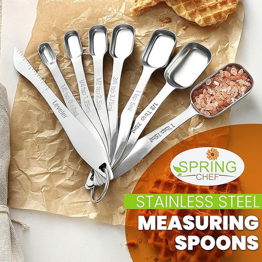 Spring Chef Stainless Steel Measuring Spoons Set of 8 with Leveler, Metal Teaspoon & Tablespoon Measuring Spoons for Dry & Liquid Ingredients, Fits in Spice Jars - Kitchen Gadgets For Baking & Cooking