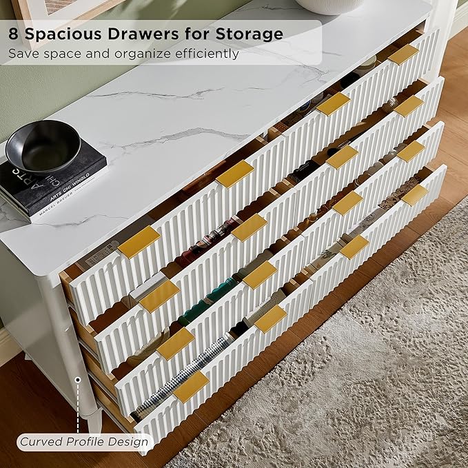 T4TREAM Fluted 8 Drawers Dresser, 54" Wide Modern Chest of Drawers with Faux Marble Top, Curved Profile Design, Dresser TV Stand, Wood Drawer Organizer for Bedroom, Living Room, Hallway, Solid White