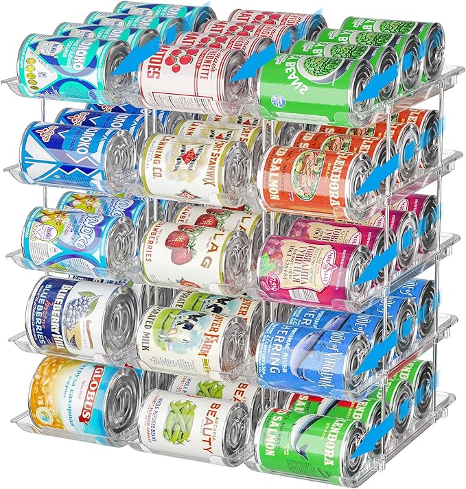 Stackable 5 Tiers Can Organizer Pantry, Canned Food Holder for Fridge Holds 60 Cans, Free Combination & Automatic Rolling, Space Saving Storage for Refrigerator Kitchen Pantry, Clear