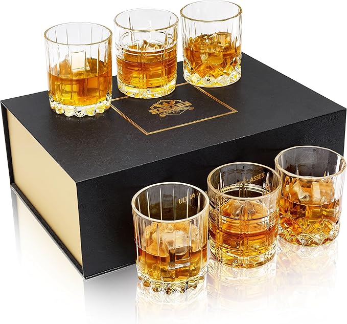 KANARS Whiskey Glasses Mixed, 10 Oz Scotch Glasses Set of 6, Rock Bar Tumblers 3 Patterns in Luxury Gift Box for Birthday, Anniversary, Housewarming and Wedding