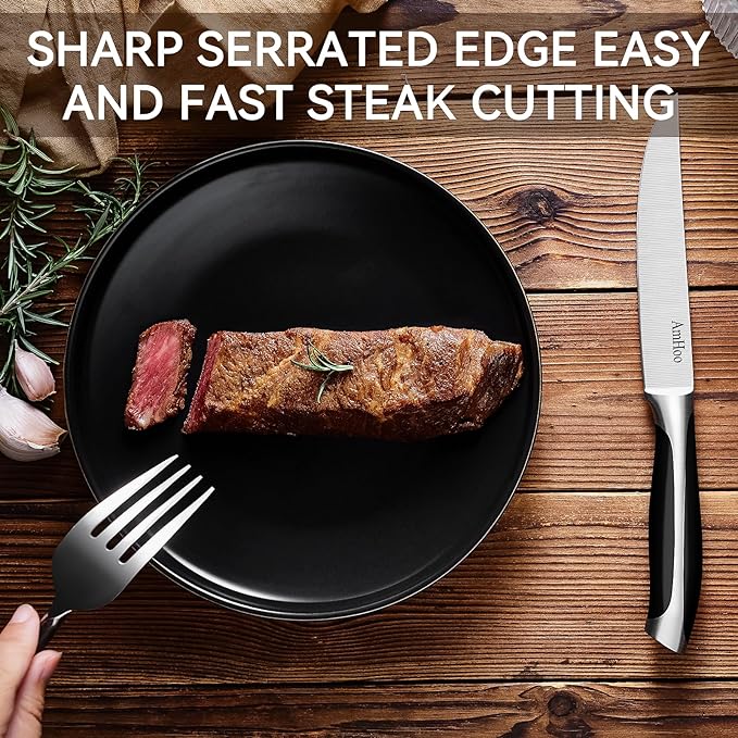 AmHoo Steak Knives Set of 6 Non Serrated 5-inch High Carbon Stainless Steel Ultra Sharp ABS Handle