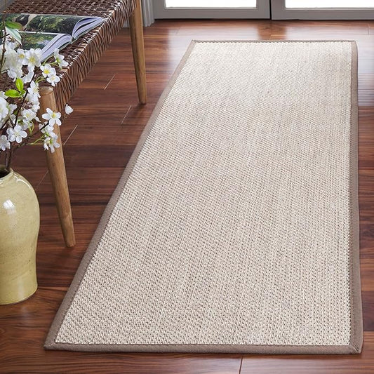 SAFAVIEH Natural Fiber Collection Runner Rug - 2'6" x 20', Marble & Khaki, Sisal, Woven Design with Border (NF143E)