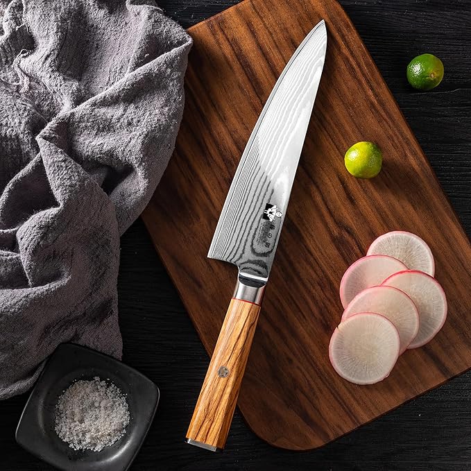 Damascus Chef Knife, 8 inch VG10 Steel Damascus Knife with Olive Wood Handle Razor Sharp Kitchen Knife