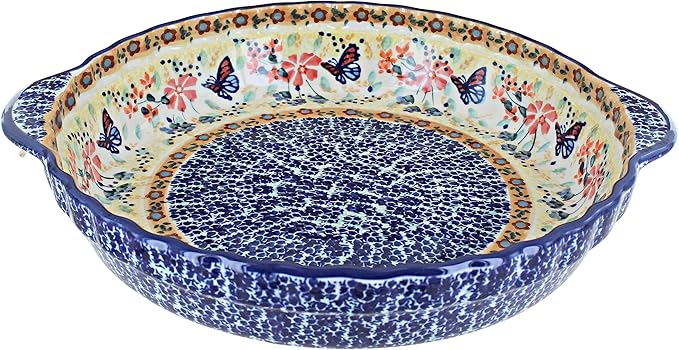 Blue Rose Polish Pottery - Yellow Blue Butterfly Pie Plate with Handles - 9.75" Diameter - Ceramic Baking Dish, For Pies, Quiches & Desserts