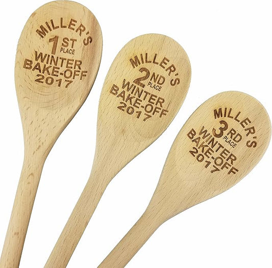 Custom Engraved Bake Off Prizes 14in Wooden Spoons (Set of 3) | Personalized Baking Prizes | Perfect Cookie & Pie Contest Trophies | Personalized Baking Trophy
