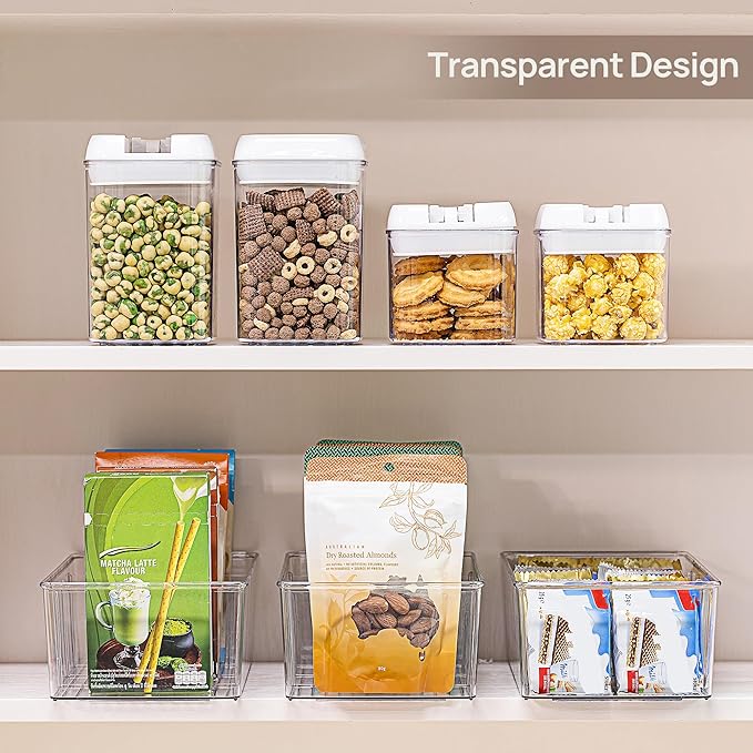 Vtopmart 8 Pack Food Storage Organizer Bins, Clear Plastic Bins for Pantry, Kitchen, Fridge, Cabinet Organization and Storage, 4 Compartment Holder for Packets, Snacks, Pouches, Spice Packets
